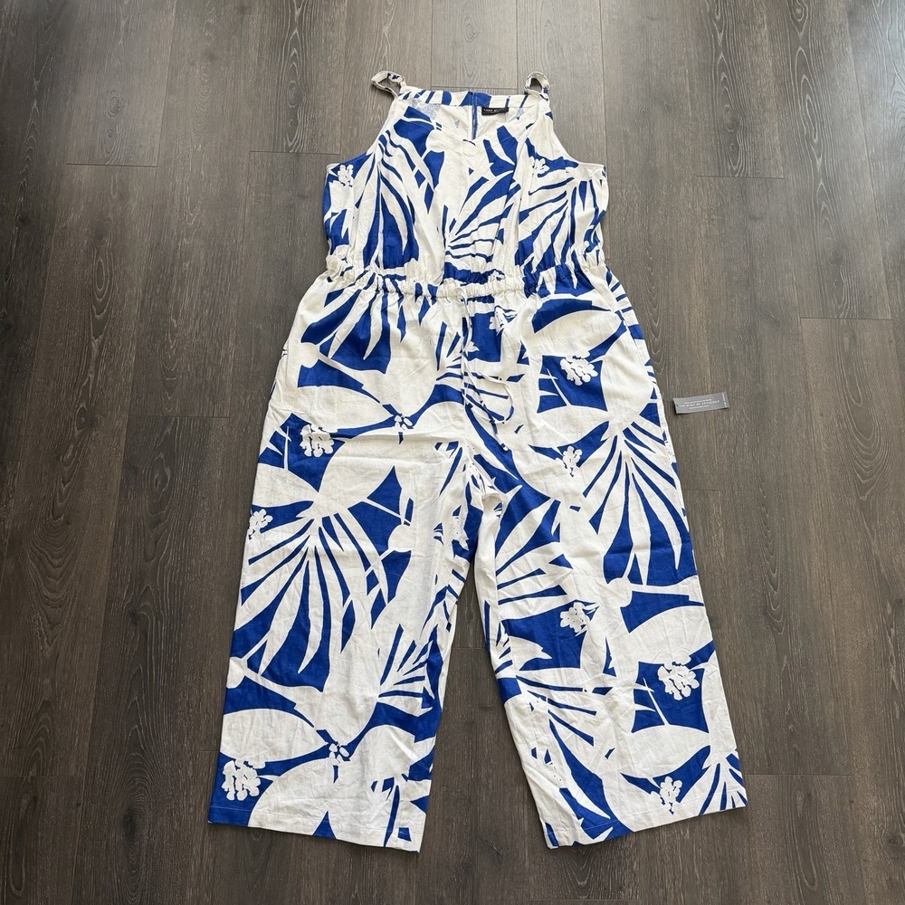 Lane Bryant NWT Linen V-Neck Wide Leg Jumpsuit Blue White Tropical 26 3XL Resort